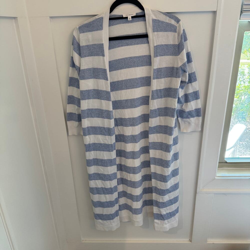 Talbots 100% Pima Cotton Blue White Stripe Open Front Duster Length Cardigan